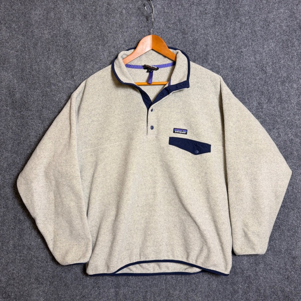 Patagonia Synchilla Snap-T Fleece Pullover Mens Large Oatmeal Navy Blue Trim